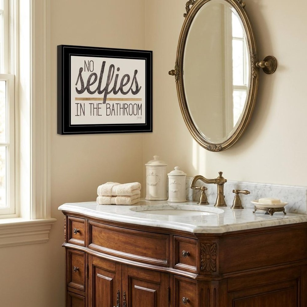No Selfies in the Bathroom 6 Black Framed Print Bathroom Wall Art — view 1