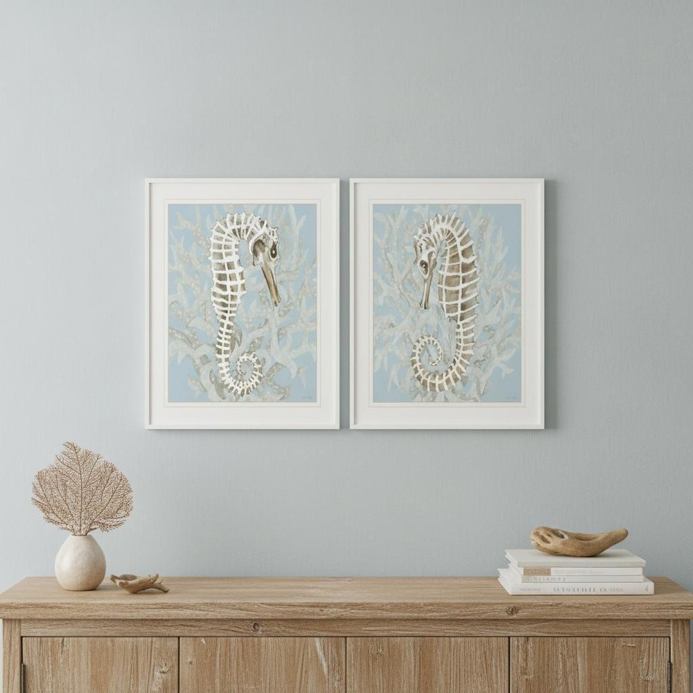 Set Of Two Coral Seahorse White Framed Print Wall Art — view 4