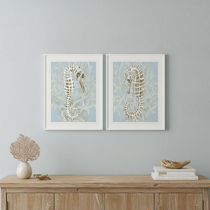 Set Of Two Coral Seahorse White Framed Print Wall Art