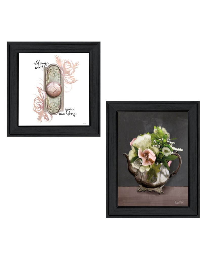 Set Of Two Vintage Floral Tea Pot and Door Knob Black Framed Print Kitchen Wall Art — view 1