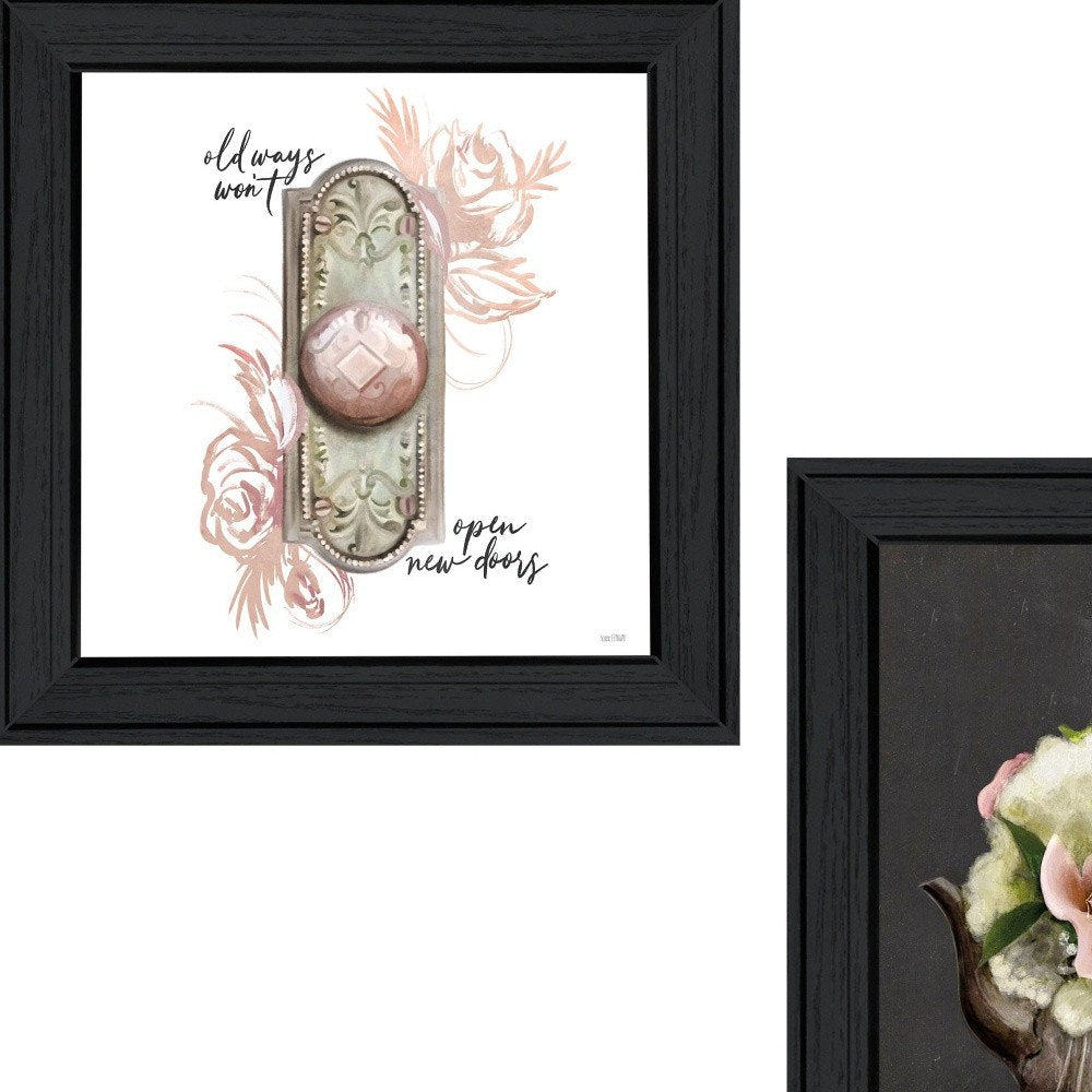 Set Of Two Vintage Floral Tea Pot and Door Knob Black Framed Print Kitchen Wall Art — view 3
