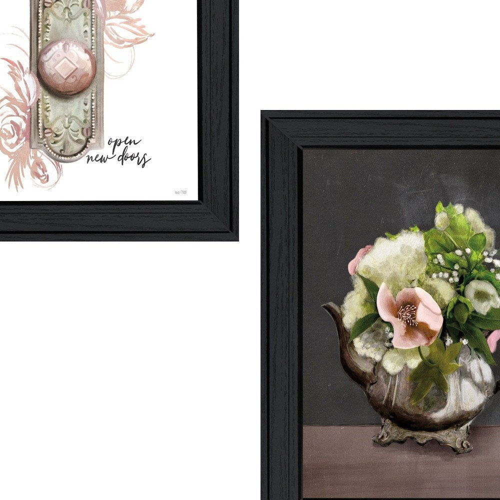 Set Of Two Vintage Floral Tea Pot and Door Knob Black Framed Print Kitchen Wall Art — view 4
