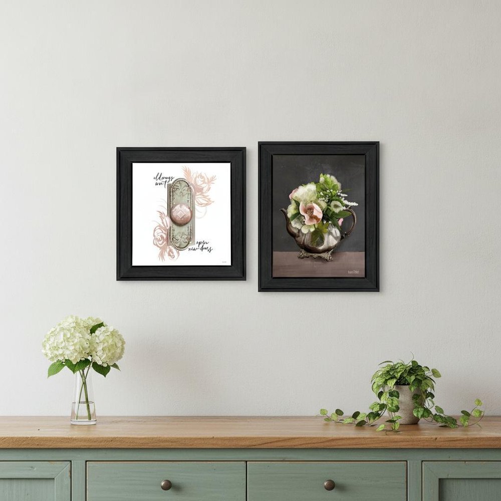 Set Of Two Vintage Floral Tea Pot and Door Knob Black Framed Print Kitchen Wall Art