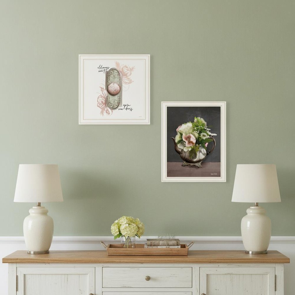 Set Of Two Vintage Floral Tea Pot and Door Knob Black Framed Print Kitchen Wall Art