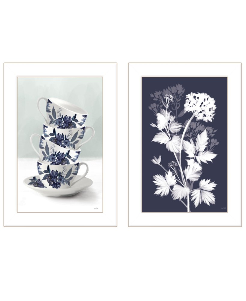 Set Of Two Tea Towers with Flowers Blue White Framed Print Kitchen Wall Art — view 1