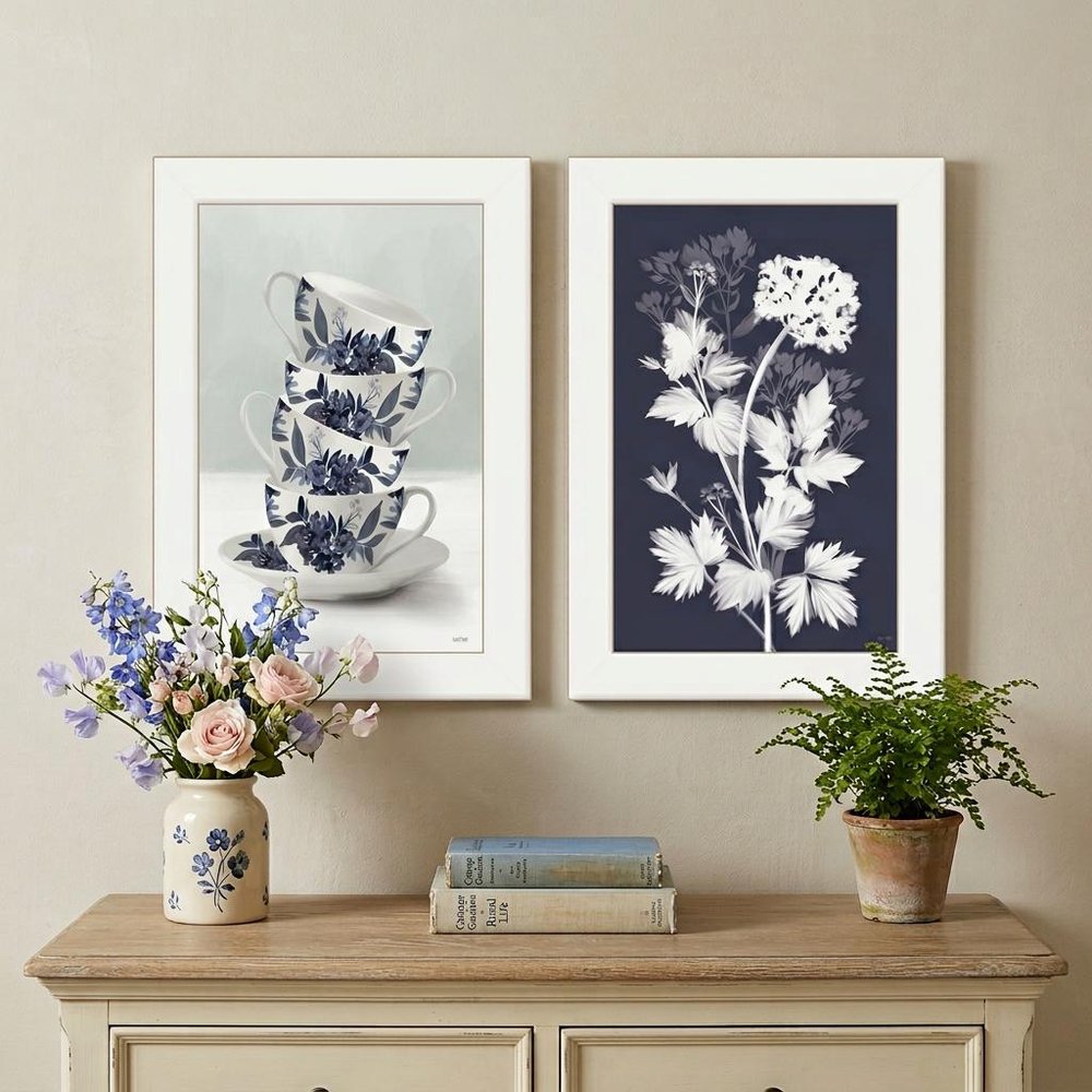 Set Of Two Tea Towers with Flowers Blue White Framed Print Kitchen Wall Art — view 4