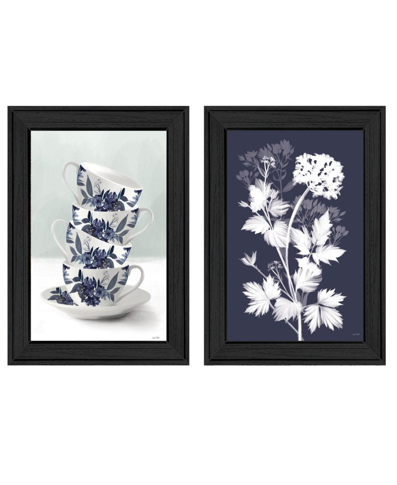 Set Of Two Tea Towers with Flowers Blue Black Framed Print Kitchen Wall Art HomeRoots