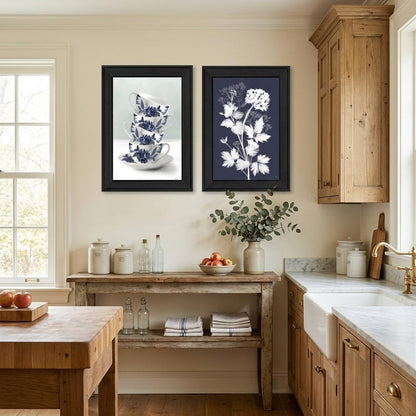 Set Of Two Tea Towers with Flowers Blue Black Framed Print Kitchen Wall Art HomeRoots