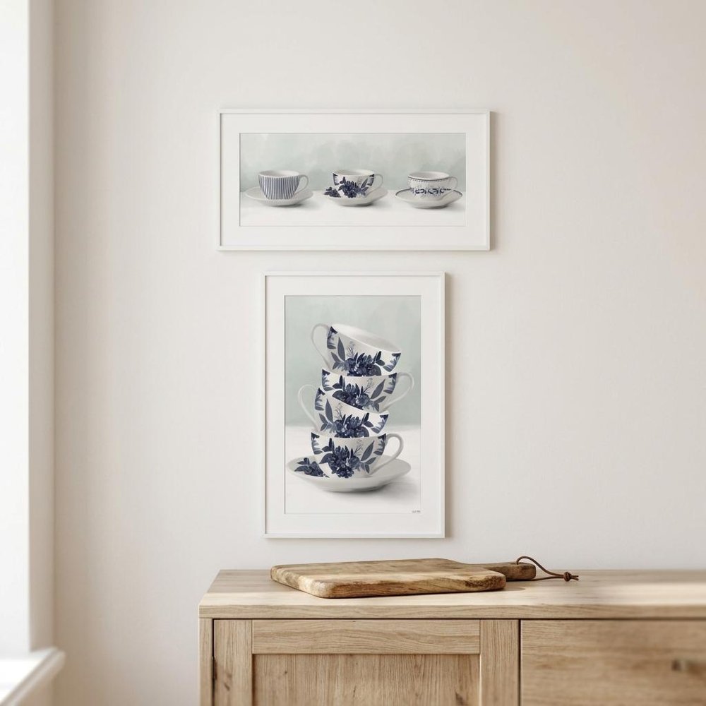 Set Of Two Tea tower with Cups and Sauces White Framed Print Kitchen Wall Art — view 5