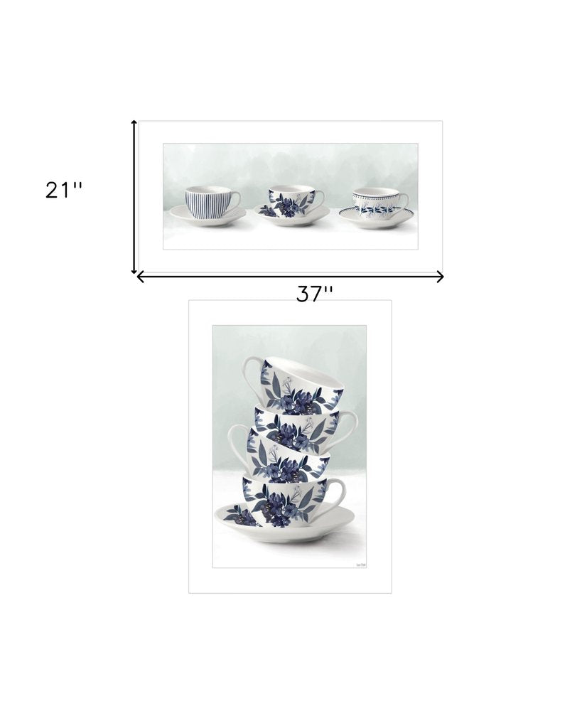 Set Of Two Tea tower with Cups and Sauces White Framed Print Kitchen Wall Art — view 4