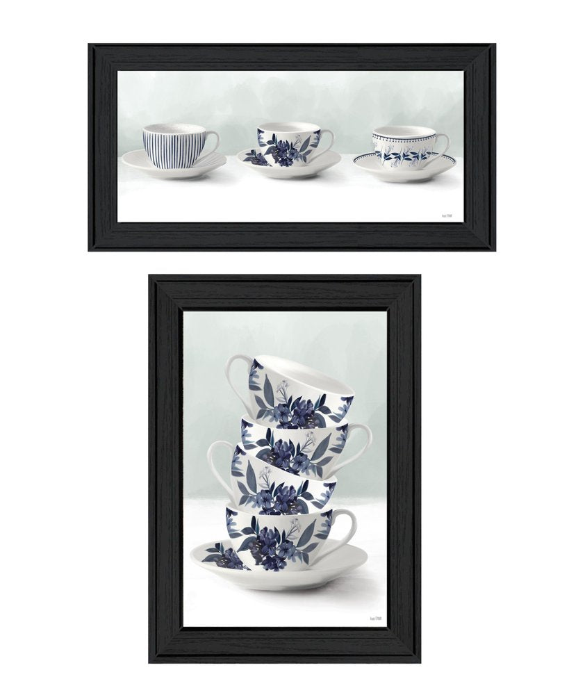 Set Of Two Tea tower with Cups and Sauces Black Framed Print Kitchen Wall Art — view 2