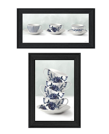 Set Of Two Tea tower with Cups and Sauces Black Framed Print Kitchen Wall Art HomeRoots