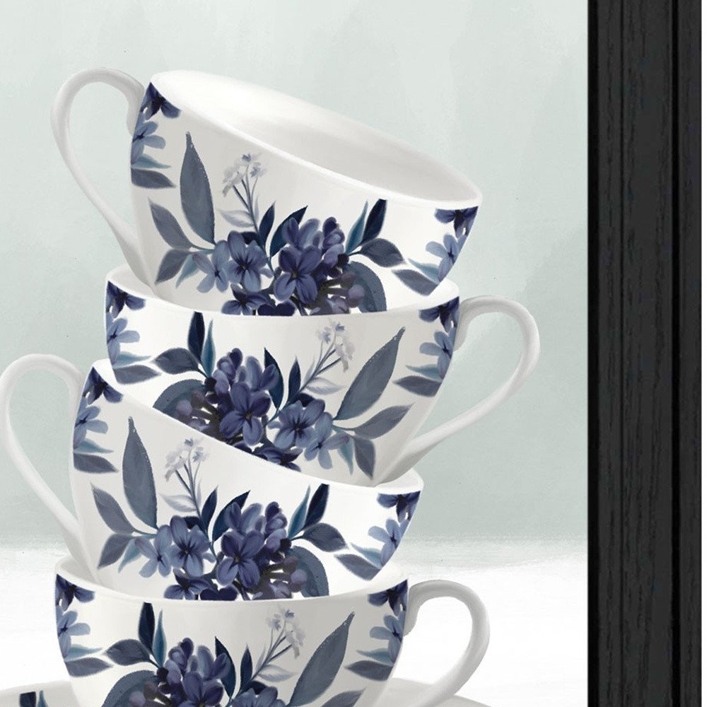 Set Of Two Tea tower with Cups and Sauces Black Framed Print Kitchen Wall Art HomeRoots