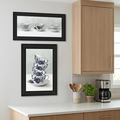 Set Of Two Tea tower with Cups and Sauces Black Framed Print Kitchen Wall Art HomeRoots