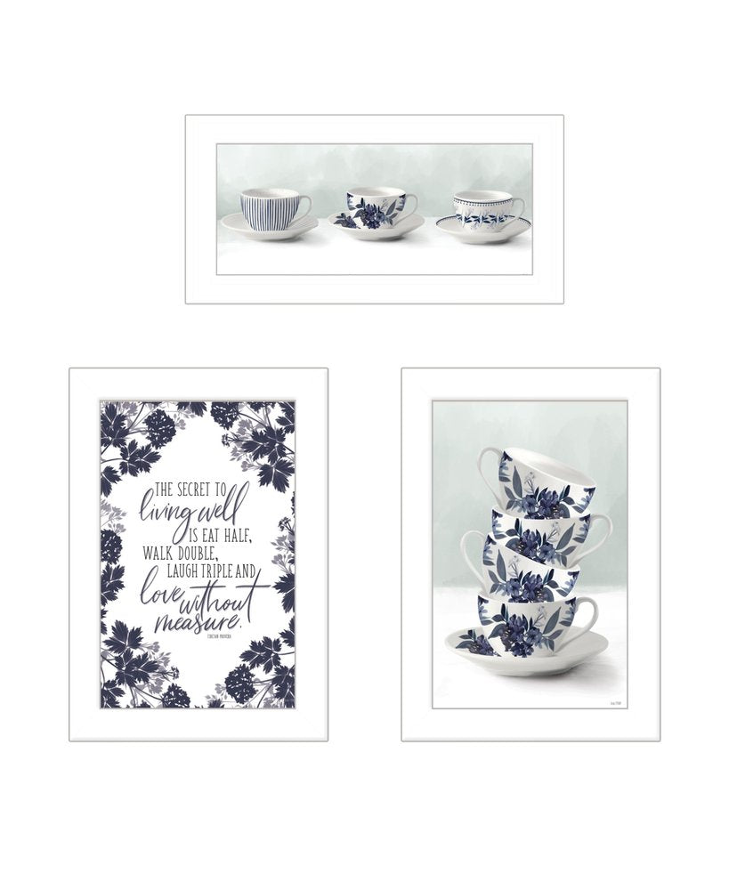 Set Of Three Tea tower with Cups and Sauces White Framed Print Kitchen Wall Art — view 1