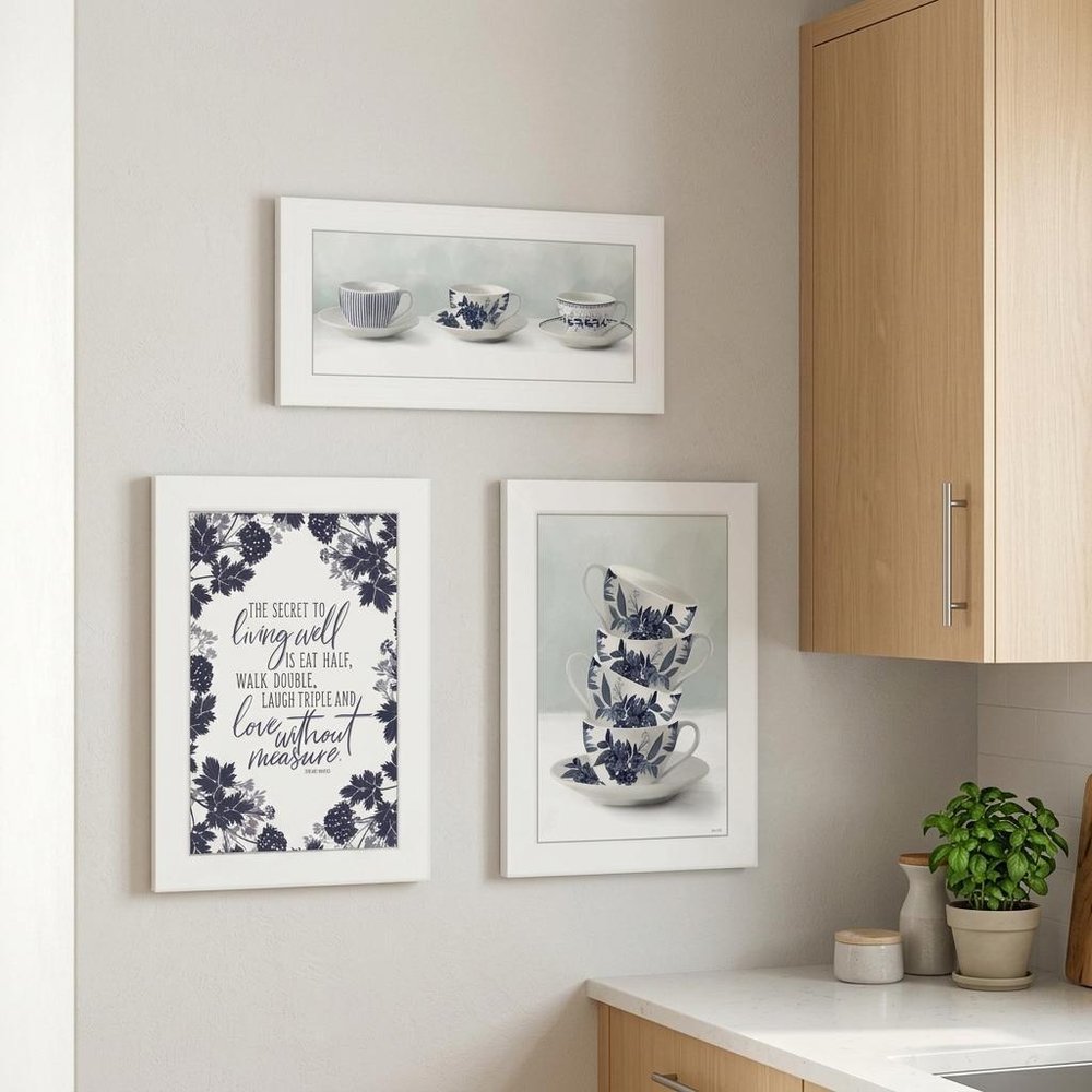 Set Of Three Tea tower with Cups and Sauces White Framed Print Kitchen Wall Art — view 4