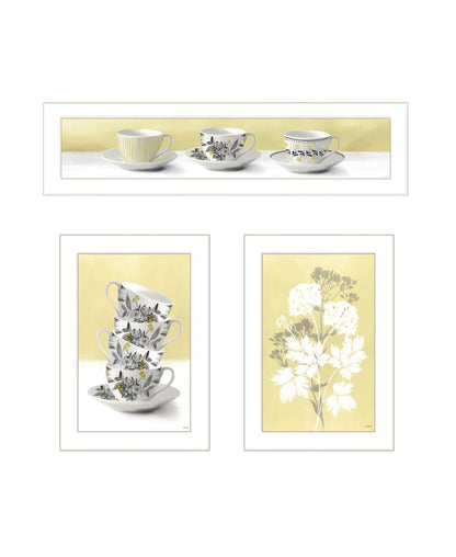 Set Of Three Tea Cups and Yellow Flowers White Framed Print Kitchen Wall Art HomeRoots