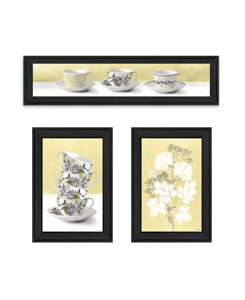Set Of Three Tea Cups and Yellow Flowers Black Framed Print Kitchen Wall Art HomeRoots