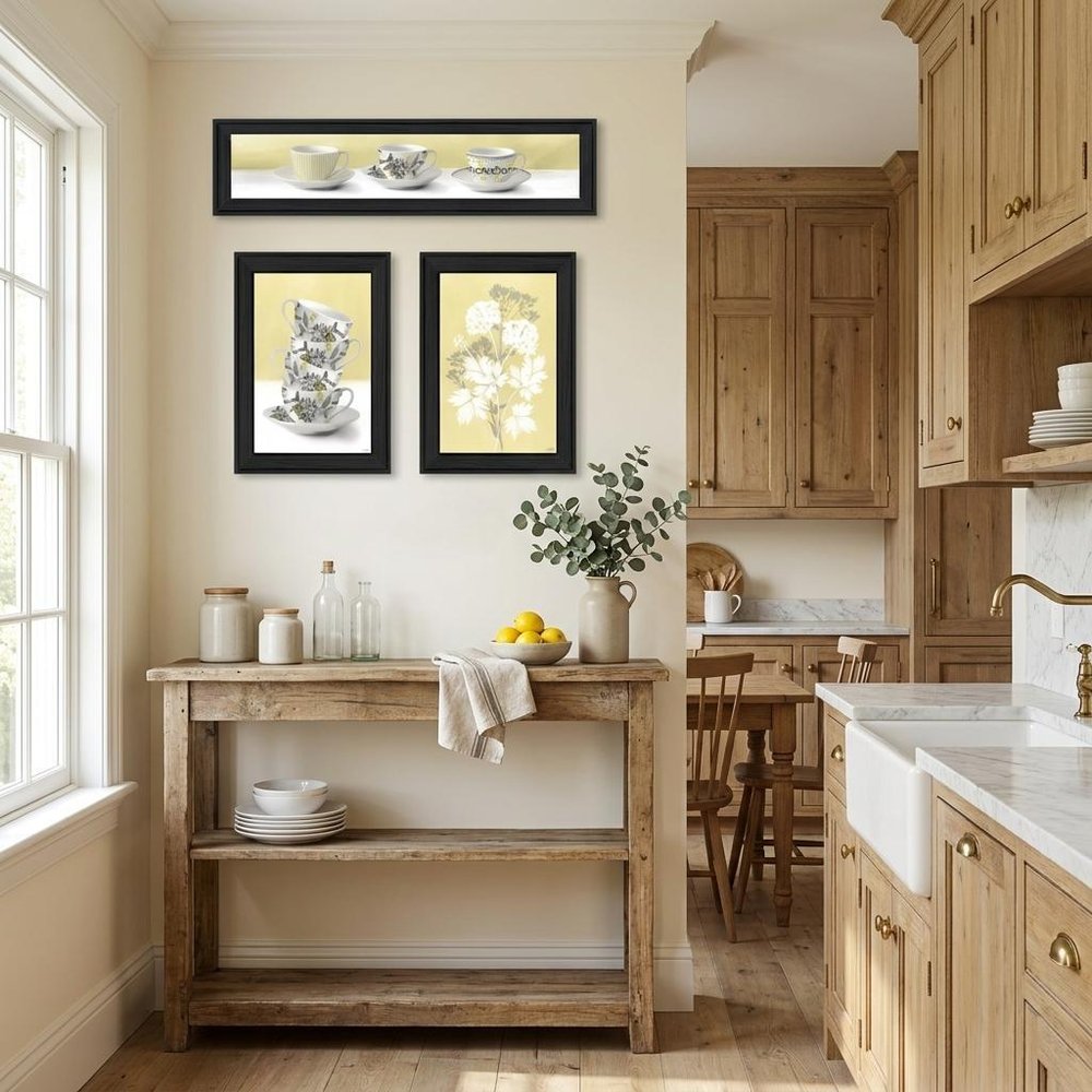 Set Of Three Tea Cups and Yellow Flowers Black Framed Print Kitchen Wall Art — view 1