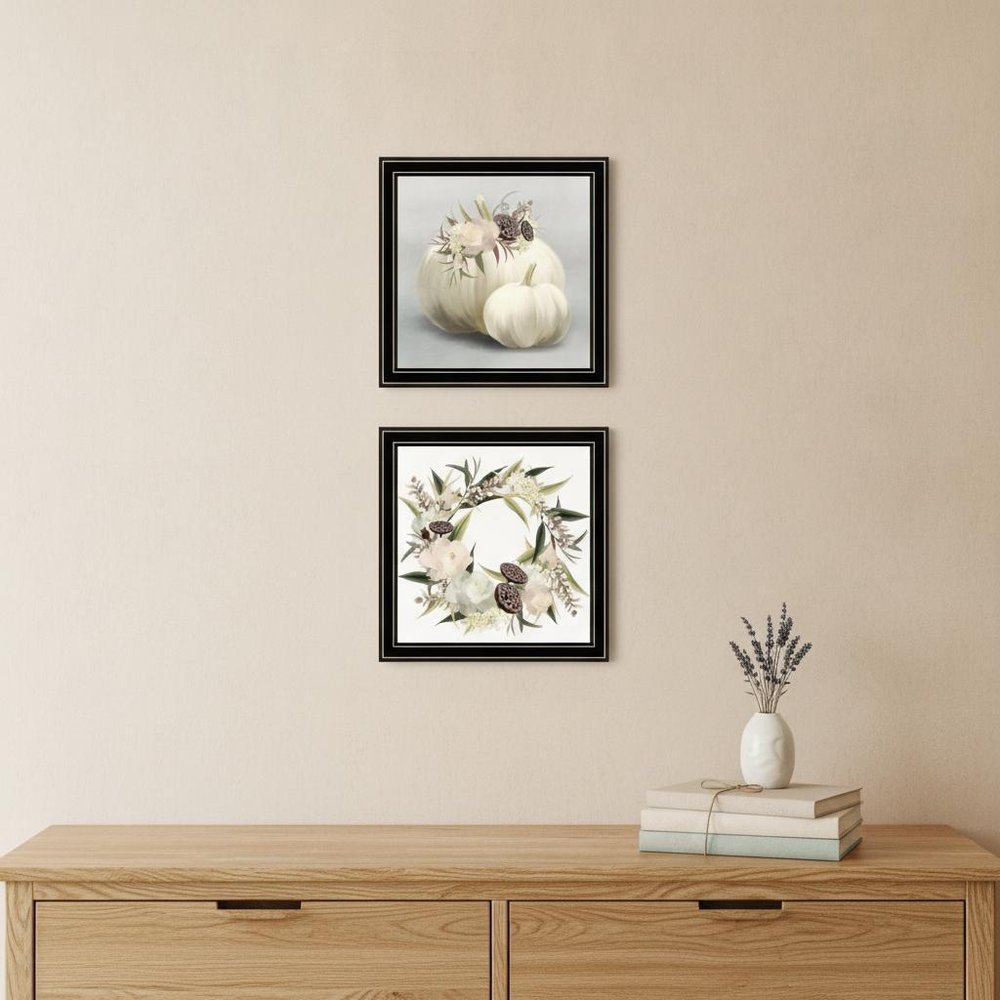Set Of Two BOHO Pumpkins and Flowers 1 Black Framed Print Wall Art — view 4