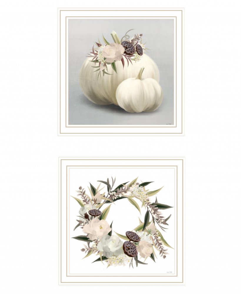 Set Of Two BOHO Pumpkins and Flowers 2 White Framed Print Wall Art — view 2
