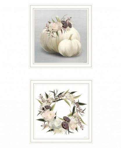 Set Of Two BOHO Pumpkins and Flowers 2 White Framed Print Wall Art HomeRoots