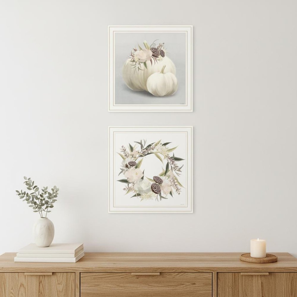 Set Of Two BOHO Pumpkins and Flowers 2 White Framed Print Wall Art — view 1