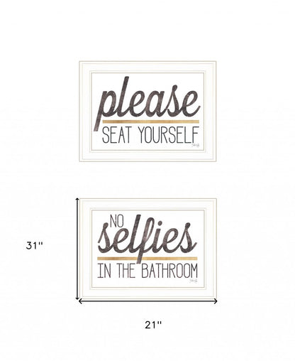 Set Of Two No Selfies When Seated 1 White Framed Print Bathroom Wall Art