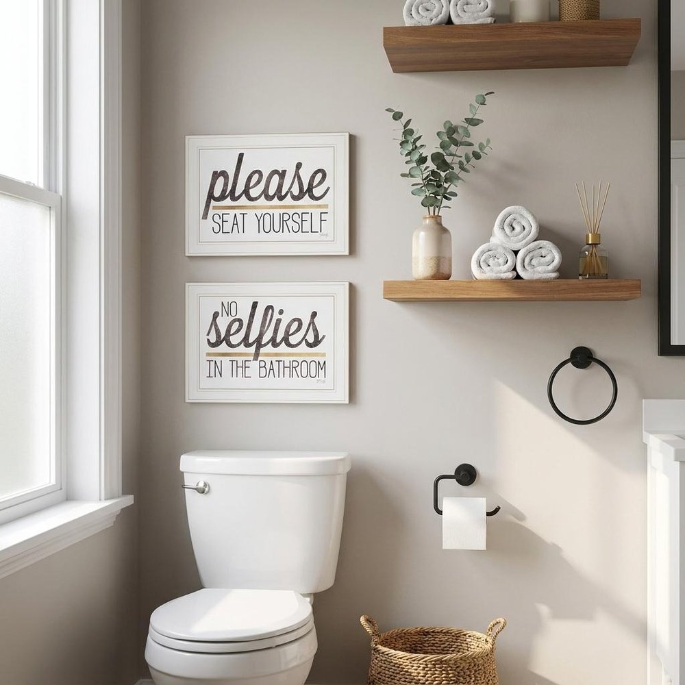 Set Of Two No Selfies When Seated 1 White Framed Print Bathroom Wall Art — view 4