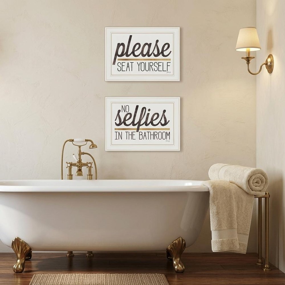 Set Of Two No Selfies When Seated 1 White Framed Print Bathroom Wall Art — view 5