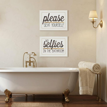 Set Of Two No Selfies When Seated 1 White Framed Print Bathroom Wall Art