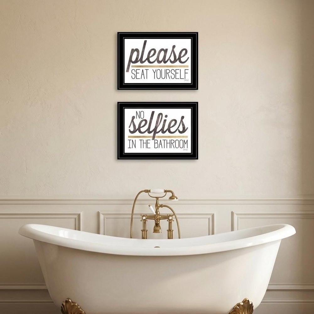 Set Of Two No Selfies When Seated 2 Black Framed Print Bathroom Wall Art — view 3
