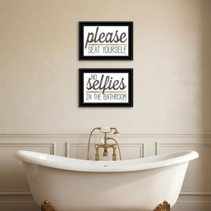 Set Of Two No Selfies When Seated 2 Black Framed Print Bathroom Wall Art