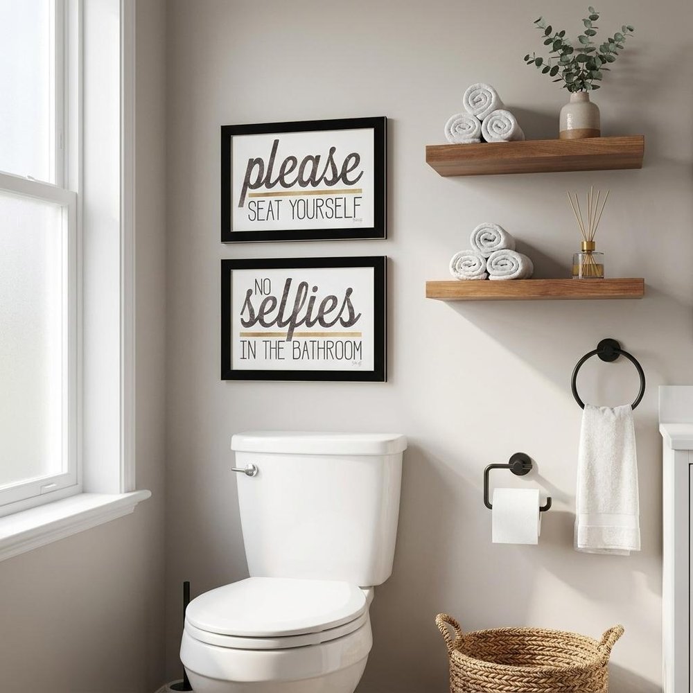 Set Of Two No Selfies When Seated 1 White Framed Print Bathroom Wall Art — view 11