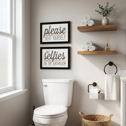 Set Of Two No Selfies When Seated 1 White Framed Print Bathroom Wall Art