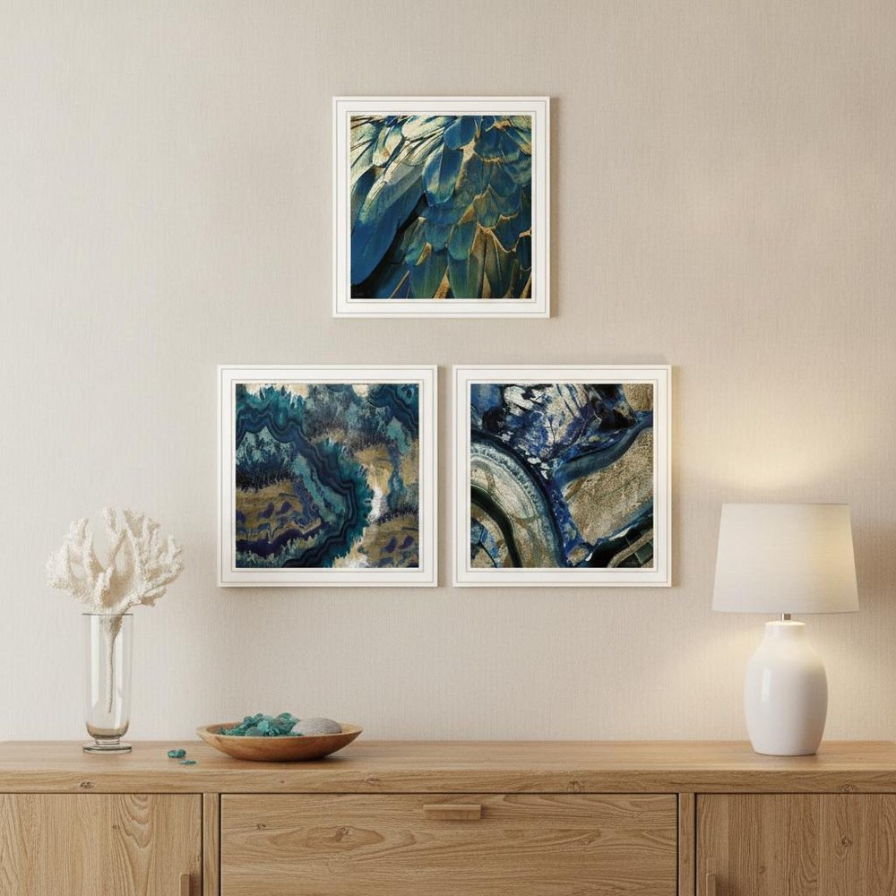 Set Of Three Deep Blue 2 White Framed Print Wall Art — view 5