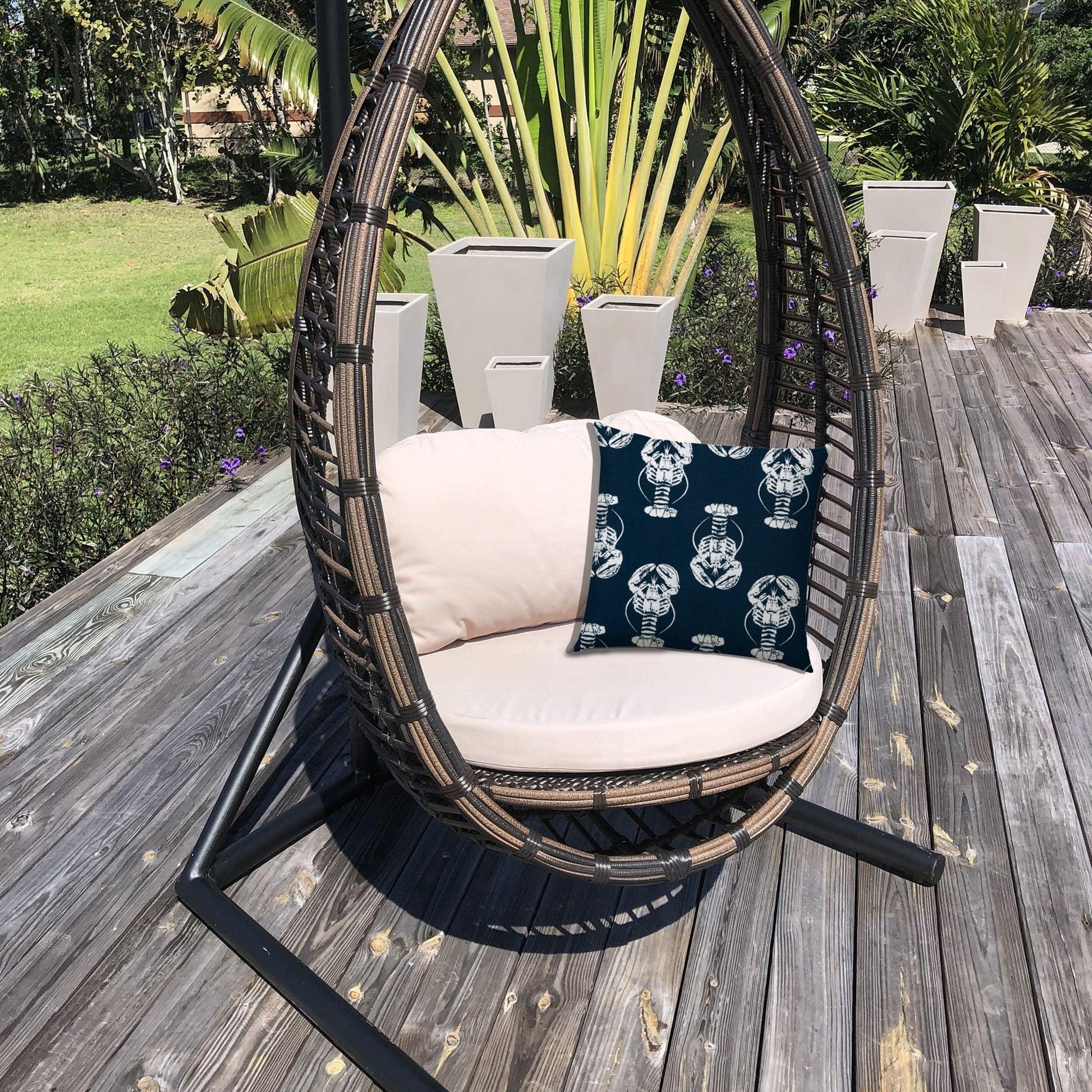 14" X 20" Navy Blue And White Lobster Blown Seam Lumbar Indoor Outdoor Pillow - FurniFindUSA