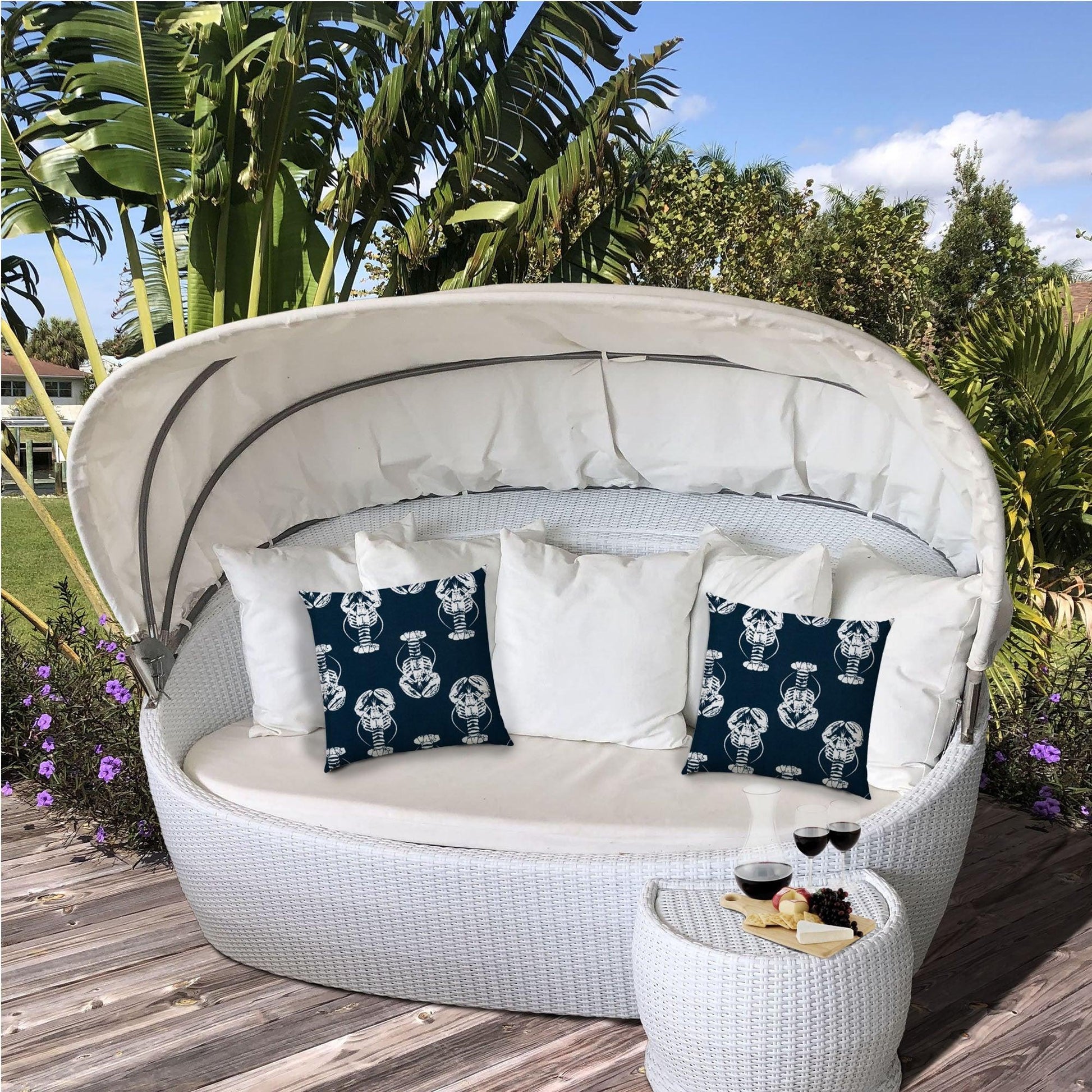 14" X 20" Navy Blue And White Lobster Blown Seam Lumbar Indoor Outdoor Pillow - FurniFindUSA