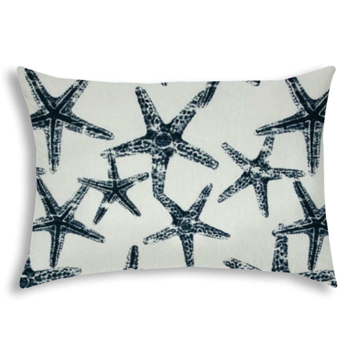 14" X 20" Navy Blue And White Starfish Blown Seam Coastal Lumbar Indoor Outdoor Pillow - FurniFindUSA