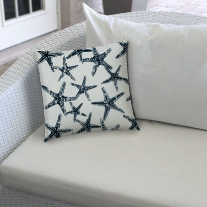 14" X 20" Navy Blue And White Starfish Blown Seam Coastal Lumbar Indoor Outdoor Pillow - FurniFindUSA