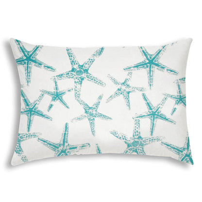 14" X 20" Turquoise And White Starfish Blown Seam Nautical Lumbar Indoor Outdoor Pillow - FurniFindUSA