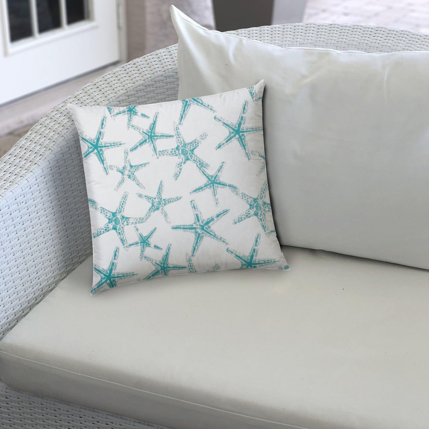 14" X 20" Turquoise And White Starfish Blown Seam Nautical Lumbar Indoor Outdoor Pillow - FurniFindUSA