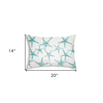14" X 20" Turquoise And White Starfish Blown Seam Nautical Lumbar Indoor Outdoor Pillow - FurniFindUSA