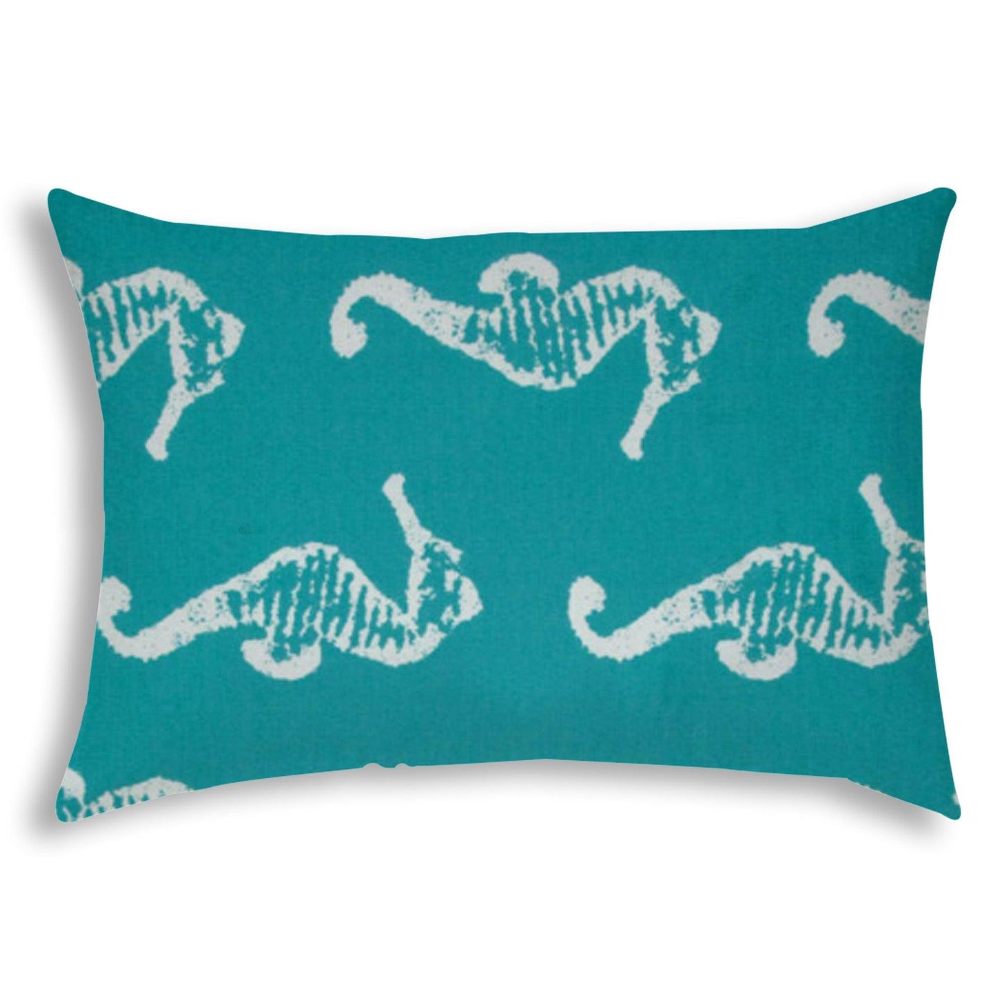14" X 20" Turquoise And White Seahorse Blown Seam Lumbar Indoor Outdoor Pillow - FurniFindUSA