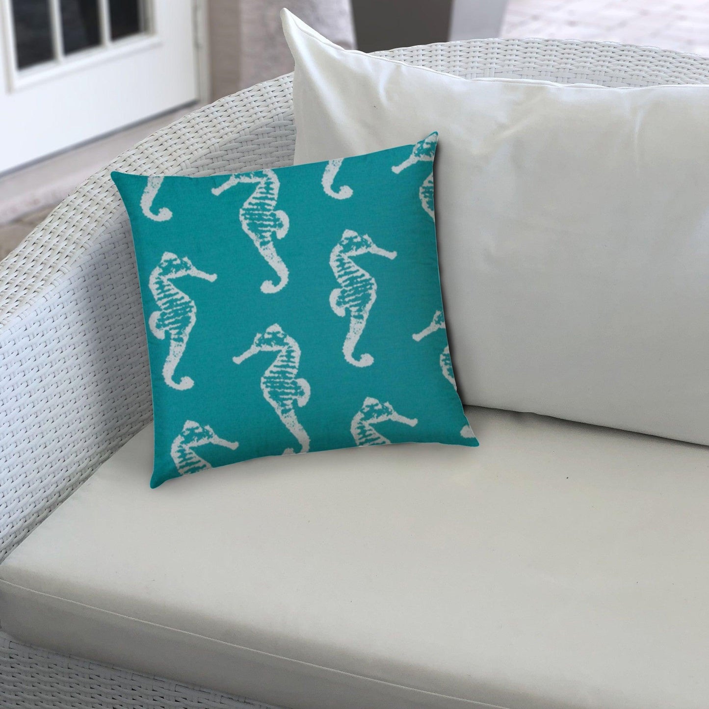 14" X 20" Turquoise And White Seahorse Blown Seam Lumbar Indoor Outdoor Pillow - FurniFindUSA