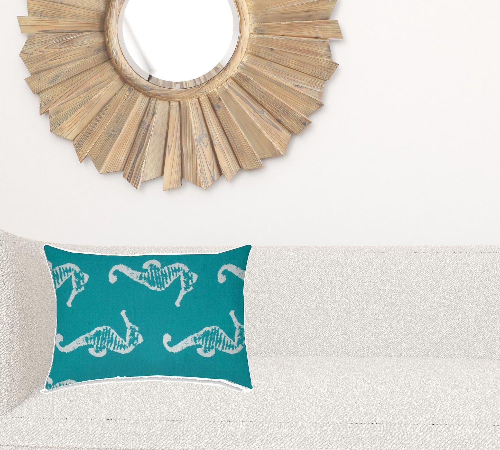 14" X 20" Turquoise And White Seahorse Blown Seam Lumbar Indoor Outdoor Pillow - FurniFindUSA