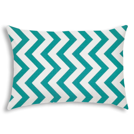 14" X 20" Turquoise And White Blown Seam Zigzag Lumbar Indoor Outdoor Pillow - FurniFindUSA