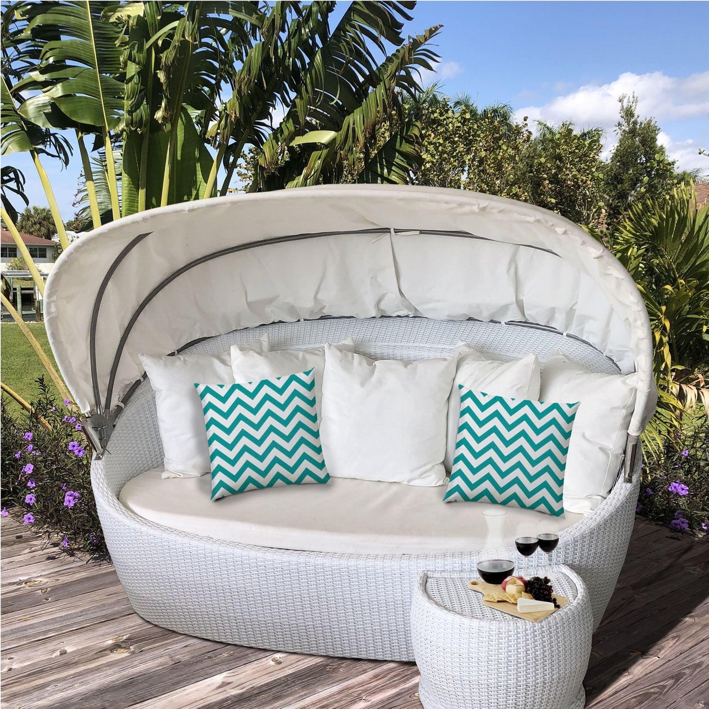 14" X 20" Turquoise And White Blown Seam Zigzag Lumbar Indoor Outdoor Pillow - FurniFindUSA