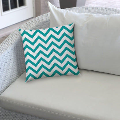 14" X 20" Turquoise And White Blown Seam Zigzag Lumbar Indoor Outdoor Pillow - FurniFindUSA
