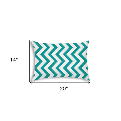 14" X 20" Turquoise And White Blown Seam Zigzag Lumbar Indoor Outdoor Pillow - FurniFindUSA